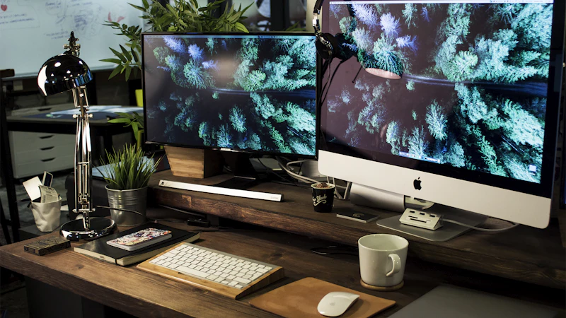 iMac and a second monitor on a wooden desk showing the same wide landscape image