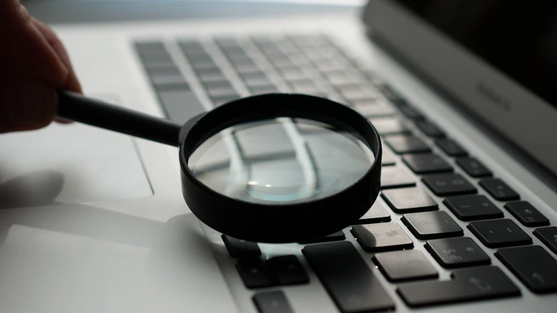 Magnifying glass next to a gray laptop