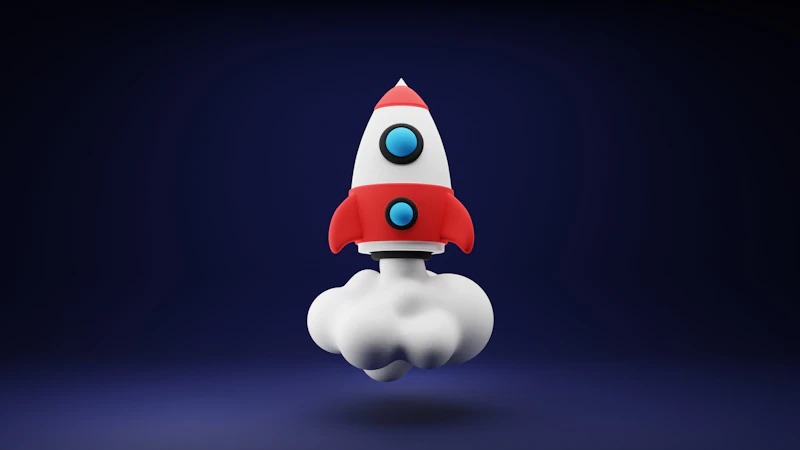 Red and white toy rocket on a blue background