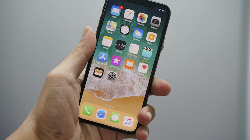 Hand holding a smartphone displaying a home screen of apps