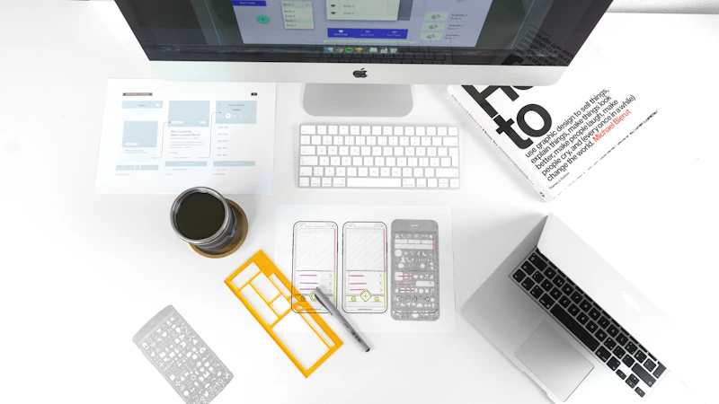 iMac and MacBook on a white desk with phone wireframe sketches