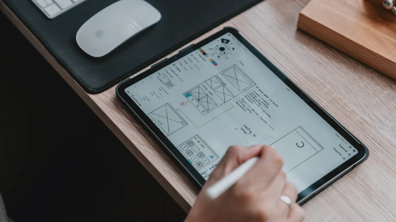 Stylus on a tablet displaying wireframe sketches