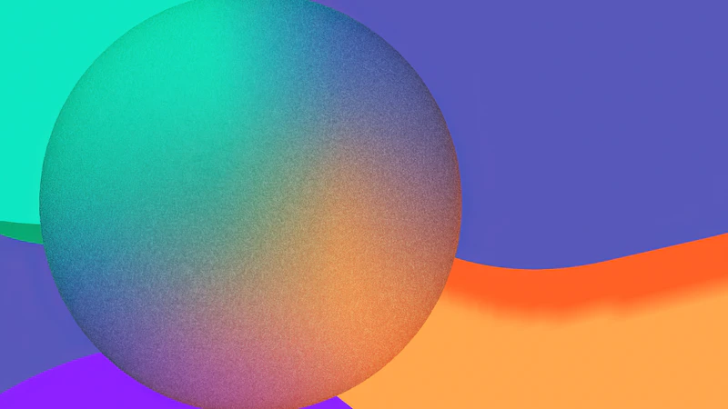 Abstract gradient sphere over colorful shapes