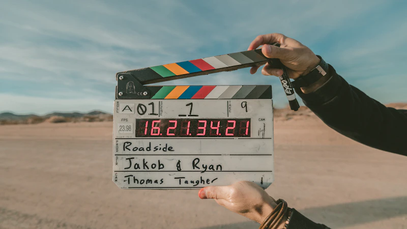 Film clapperboard held up before a take