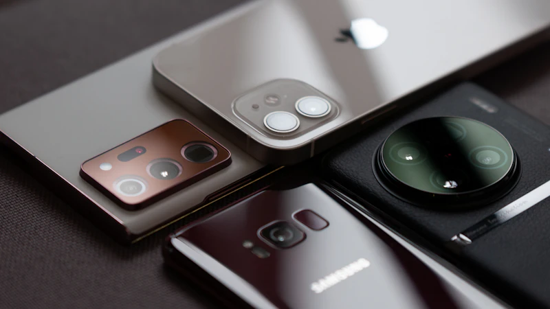 Several smartphones laid out on a table