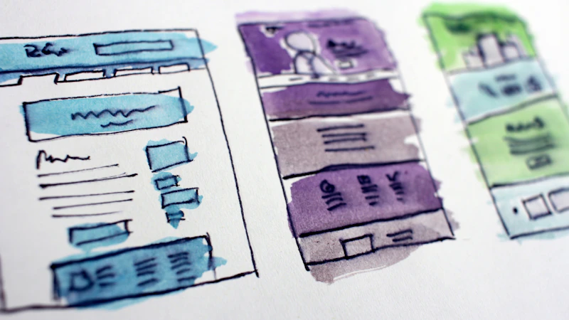 Watercolor wireframe sketches of screen layouts