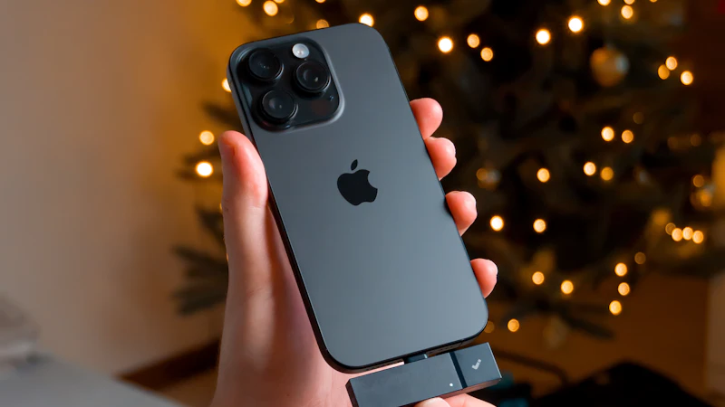 Hand holding an iPhone in front of a Christmas tree