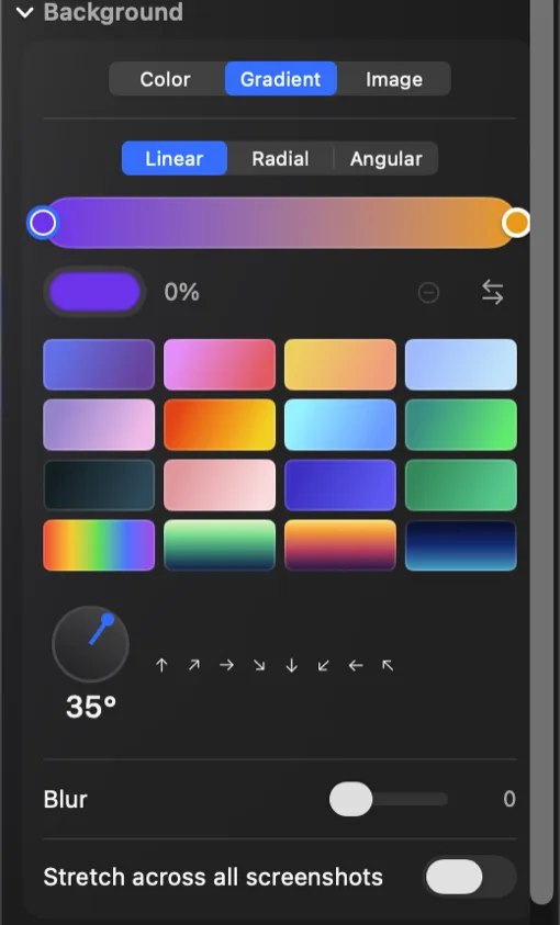 The Background editor in Gradient mode, with a colour stop bar, sixteen gradient presets, an angle wheel set to 35 degrees, a blur slider, and a Stretch across all screenshots toggle