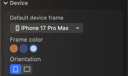 The Device section of the inspector with a Default device frame picker set to iPhone 17 Pro Max, three frame colour swatches, and portrait and landscape orientation buttons