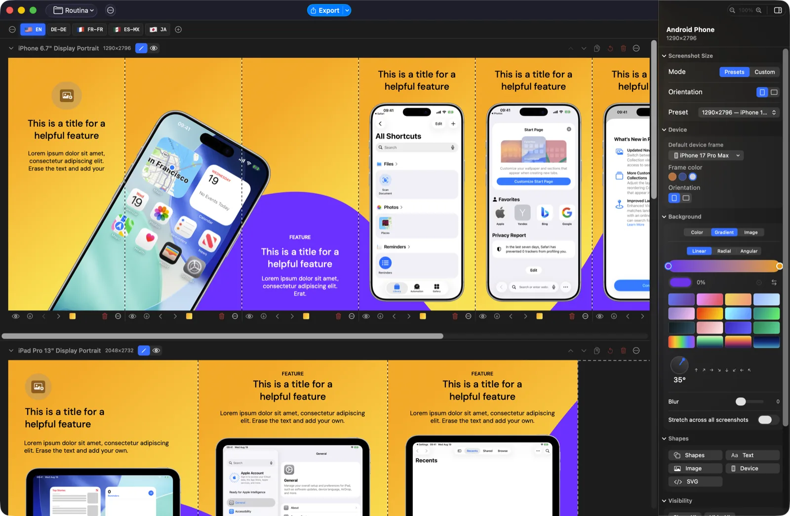 The Screenshot Bro editor: a toolbar with the project name and an Export button, a bar of language tabs, two rows of screenshots on the canvas, and the inspector open on the right