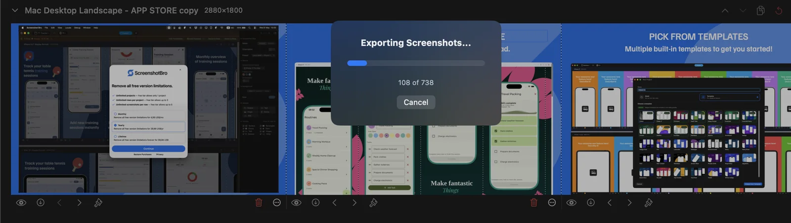 An Exporting Screenshots progress sheet over the canvas, showing 108 of 738 images rendered with a Cancel button