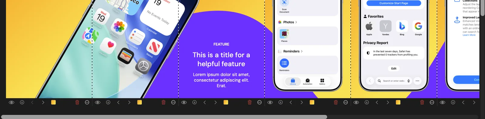 The control bar beneath each screenshot on the canvas, with visibility, download, reorder, background colour, delete and more-actions buttons