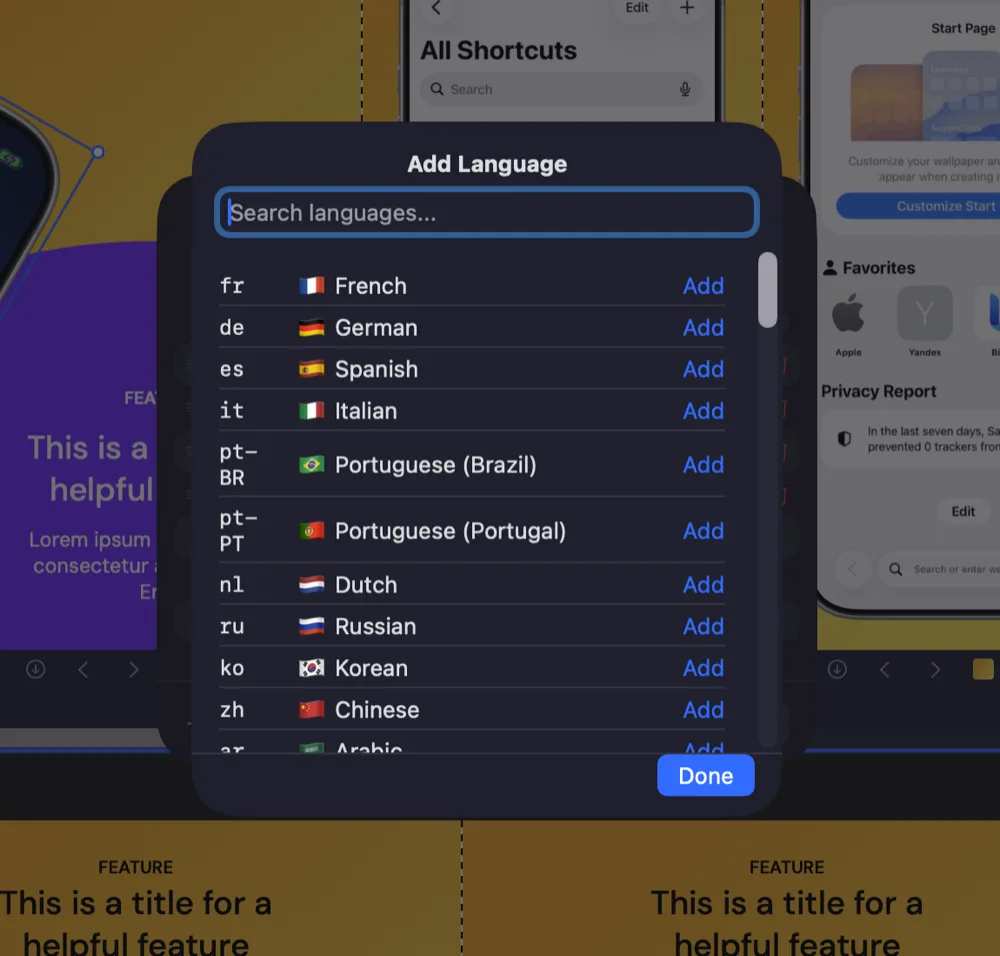 The Add Language sheet with a search field and a list of language presets — French, German, Spanish, Italian, Portuguese, Dutch, Russian, Korean, Chinese — each with an Add button