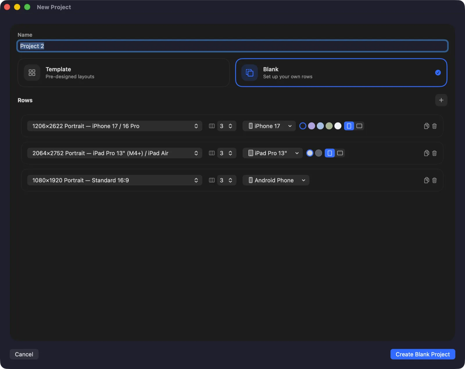The New Project window with a Name field, a Template and a Blank option, and three configured rows each with a size preset, a screenshot count, and a device picker