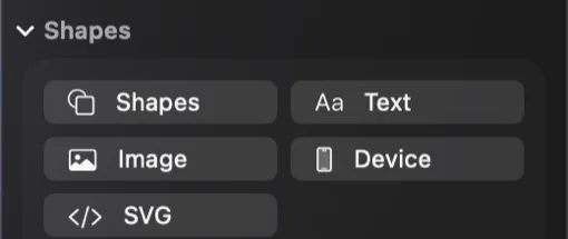 The Shapes section of the inspector with Shapes, Text, Image, Device and SVG buttons