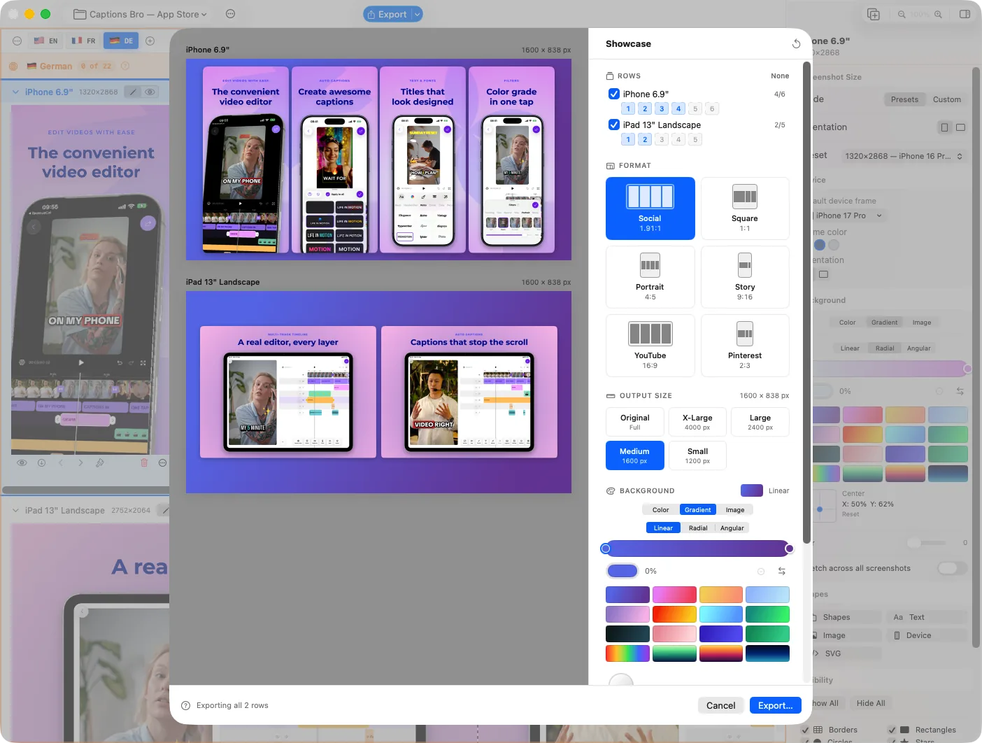 Showcase export sheet with live previews of two rows beside the Rows, Format, Output Size, and Background settings