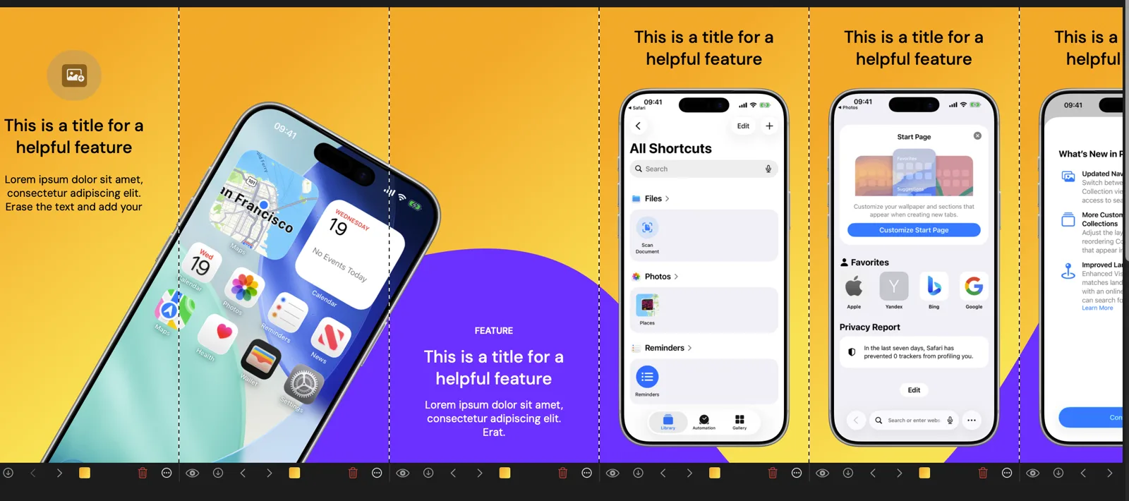 A single row of screenshots side by side, each with its own headline and device frame