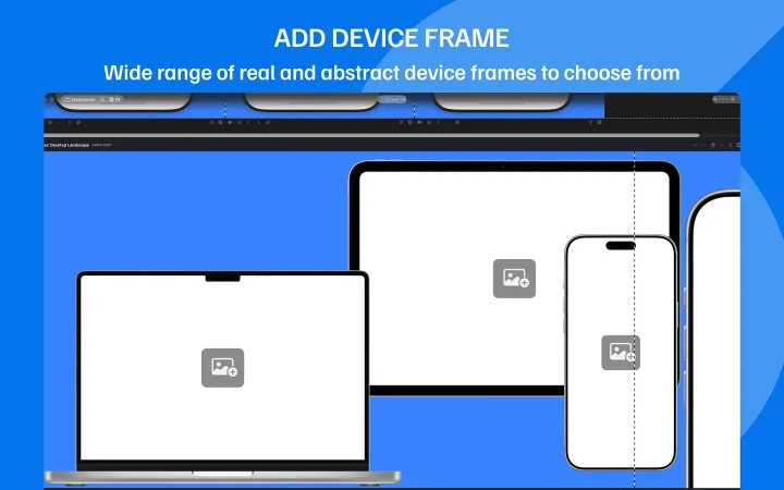 Device frame selection showing MacBook, iPad, and iPhone frames on canvas