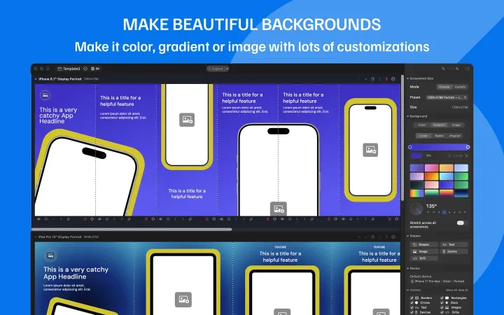 Background editor with gradient presets, color picker, and angle controls
