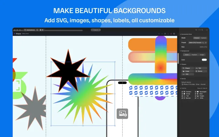 Shape tools with SVGs, stars, and colorful vector elements on the canvas